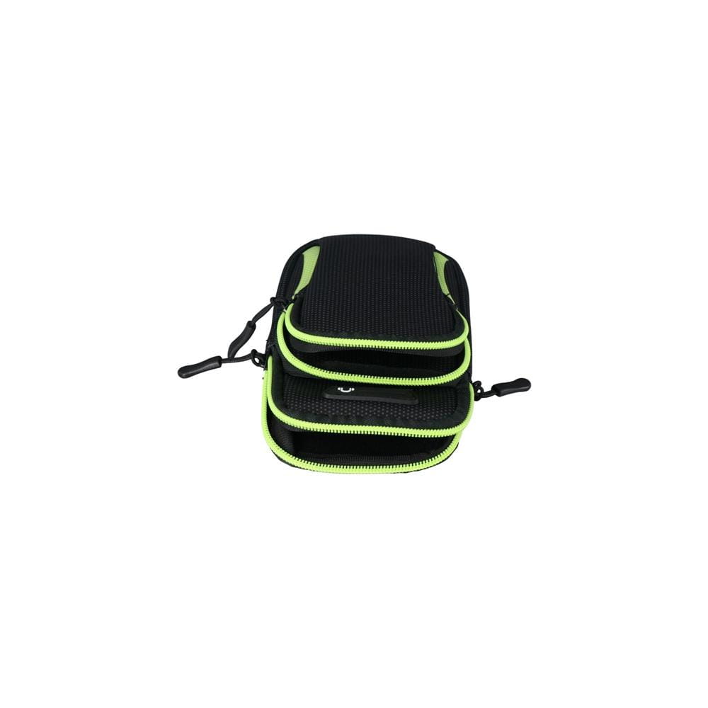 Housse de téléphone de sport imperméable avec armband en maille noire, avec accents de fermeture éclair vert néon et languettes de traction noires conçues pour un usage actif.