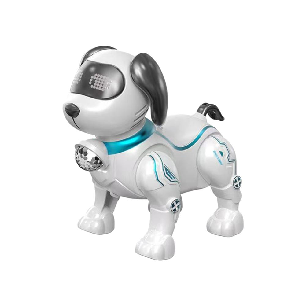 白色とターコイズのロボット犬のおもちゃで、黒い耳と胸元にディスコボール、青く発光するアクセントを備え、インテリジェントな音楽ロボットとして設計されたインタラクティブな遊び用玩具