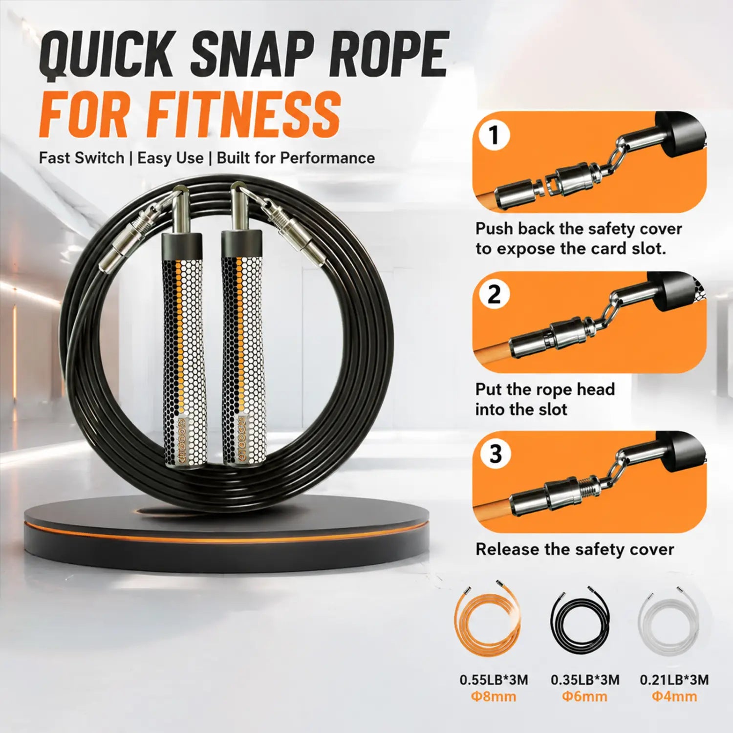 Weighted jump rope for fitness and boxing with black and orange quick-snap rope and textured grip handle.