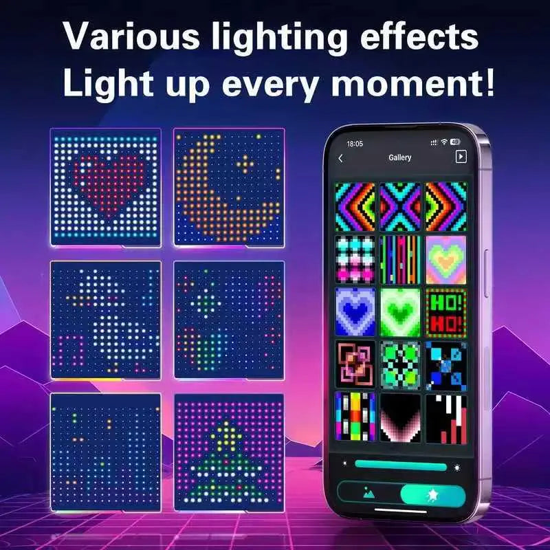 Ein elegantes, modernes Smartphone, das lebendige, farbenfrohe Pixelkunst-Muster auf einem smarten LED-Vorhanglicht RGB anzeigt; gesteuert per App für DIY-Weihnachtsdekoration; mit ROHS- und CE-Zertifizierung.