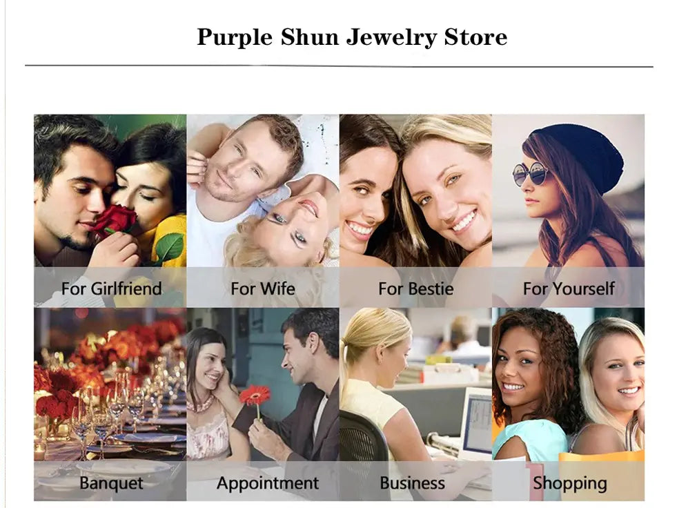 パープルのshun（ショップ名）ジュエリー店の広告で、8枚のライフスタイル画像を、さまざまな場面および関係性に合わせてラベル表示し、ラインストーン・フラワーのブライダルジュエリーセットを紹介しています。