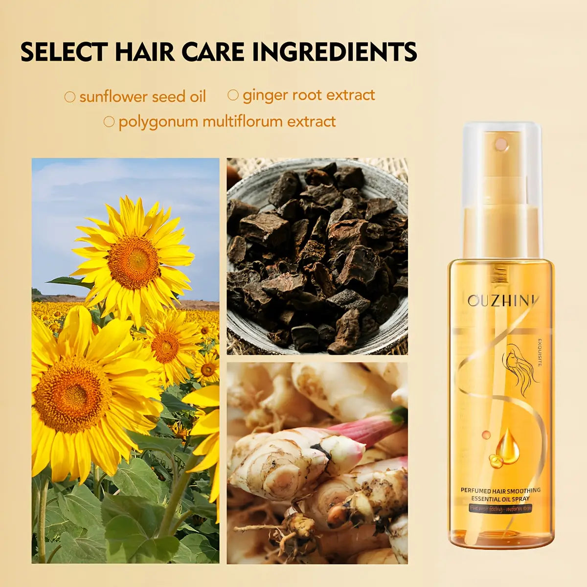 botella dorada transparente con pulverizador de Ouzhini, spray esencial de aceite para el cuidado del cabello con fragancia, 100 ml, para alisar y cuidar el cabello, uso de aceite esencial.