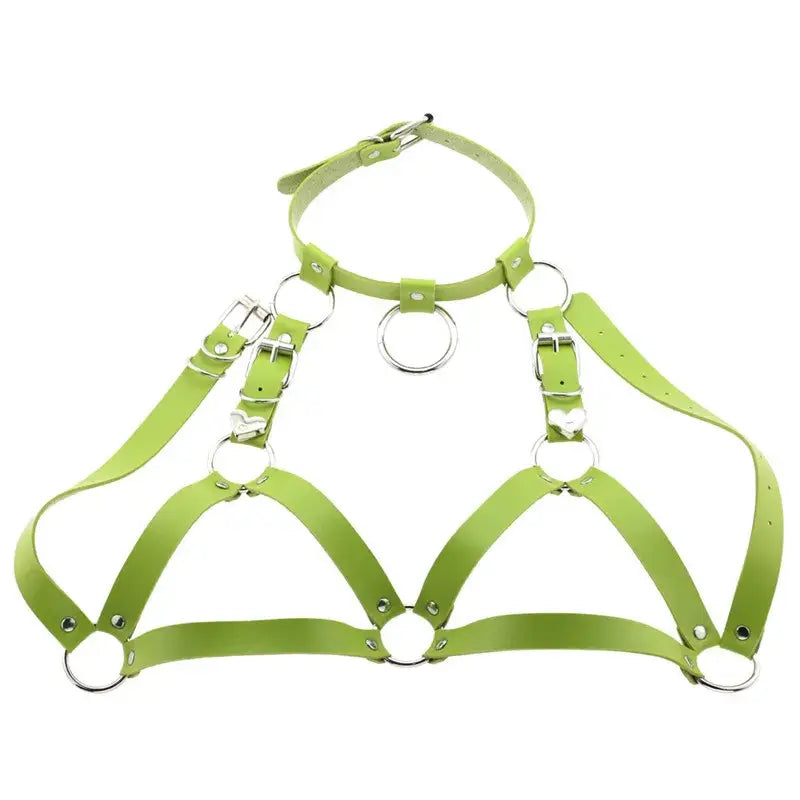 A lime green leather goth body harness with silver metal rings and buckles designed as body jewelry.
