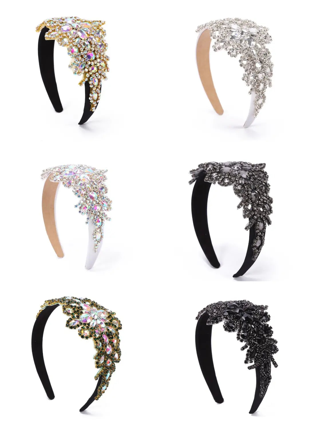 Diadème de serre-tête élégant en fleurs de strass, orné de motifs floraux complexes rehaussés de cristaux dans des nuances métalliques variées et noires, pour un accessoire de coiffure sophistiqué.