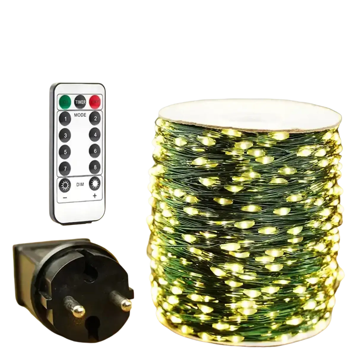 A spool of warm white led string lights with green copper wire next to a remote control and power plug for outdoor use