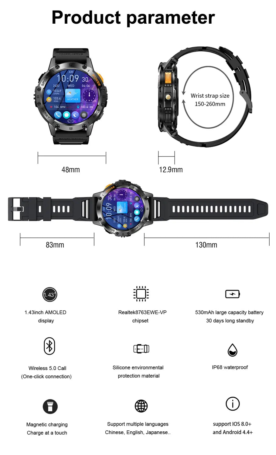 Black amoled smart watch with 1.43-inch amoled display, silicone strap, rugged design, and heart rate detection for outdoor use.