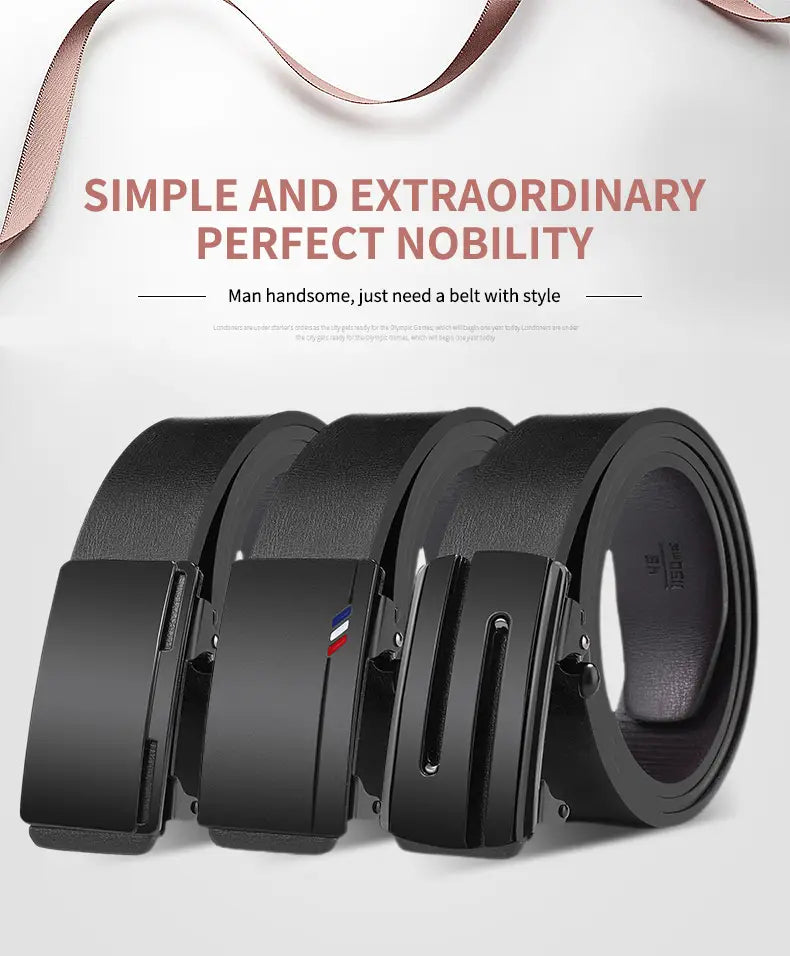 Black leather men leather belt with an automatic sleek modern buckle featuring a subtle tricolor logo accent designed for casual use.