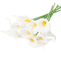 A delicate bouquet of five white calla lily flowers with yellow centers tied by a thin band for decor use