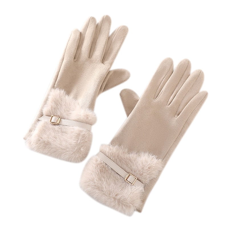 Beige women’s touchscreen winter gloves with a sleek suede exterior, faux fur lining, and gold-tone buckle detailing.