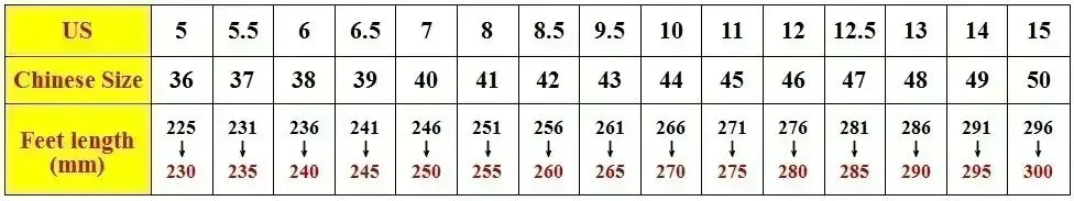 The image shows a size conversion chart for men casual suede loafers slip on walking shoes listing US sizes Chinese sizes and foot lengths in millimeters.