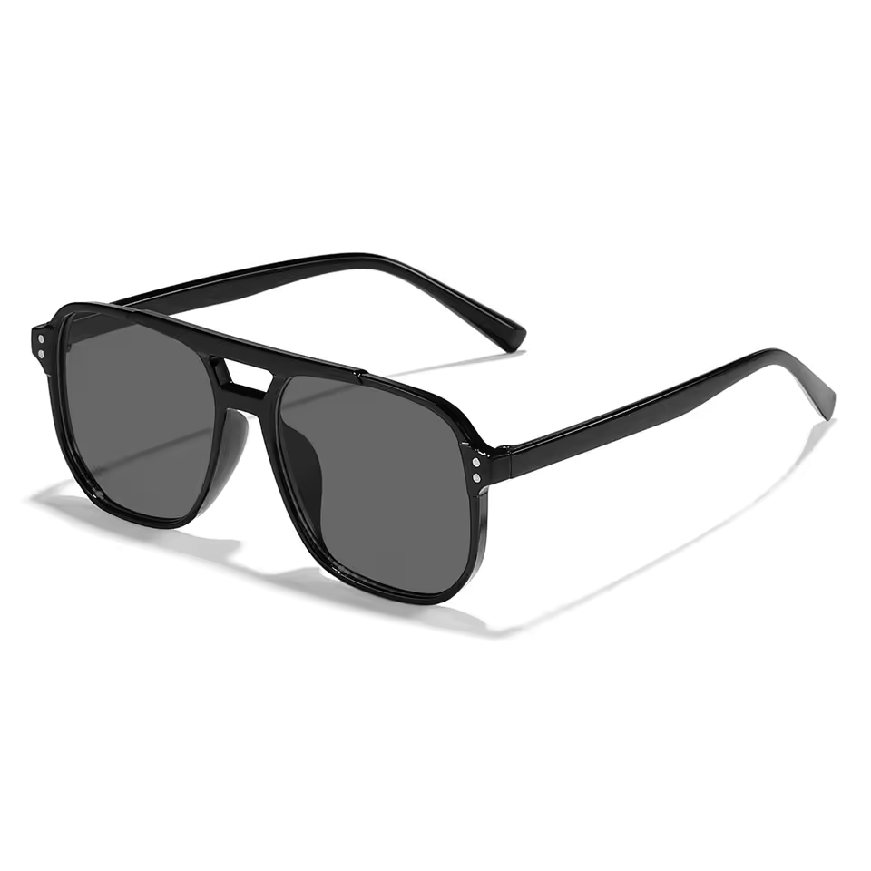 Vintage square sunglasses uv400 unisex black frame aviator sunglasses with dark gray lenses and a sleek glossy black frame.