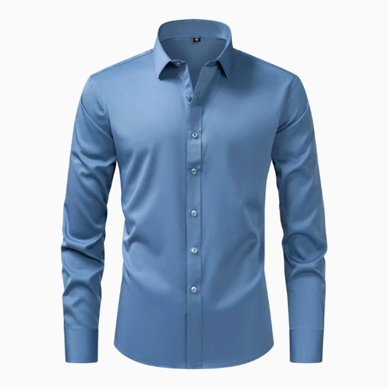 Men's Long Sleeved Shirt Spring Casual Elastic Non Ironing Black Solid Color Soft Versatile Business Formal Man Clothing 8XL 7XL