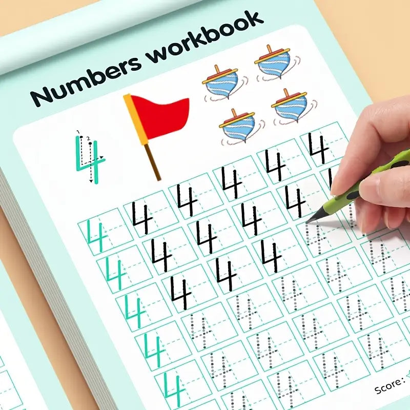 A light blue numbers tracing and math practice workbook page for ages 3 to 6 featuring a red flag, four spinning tops, and the number 4 traced in black ink on grid lines.