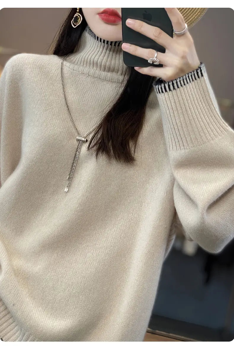 Beige pure wool turtleneck sweater for women with ribbed cuffs and neckline featuring a soft textured fabric.