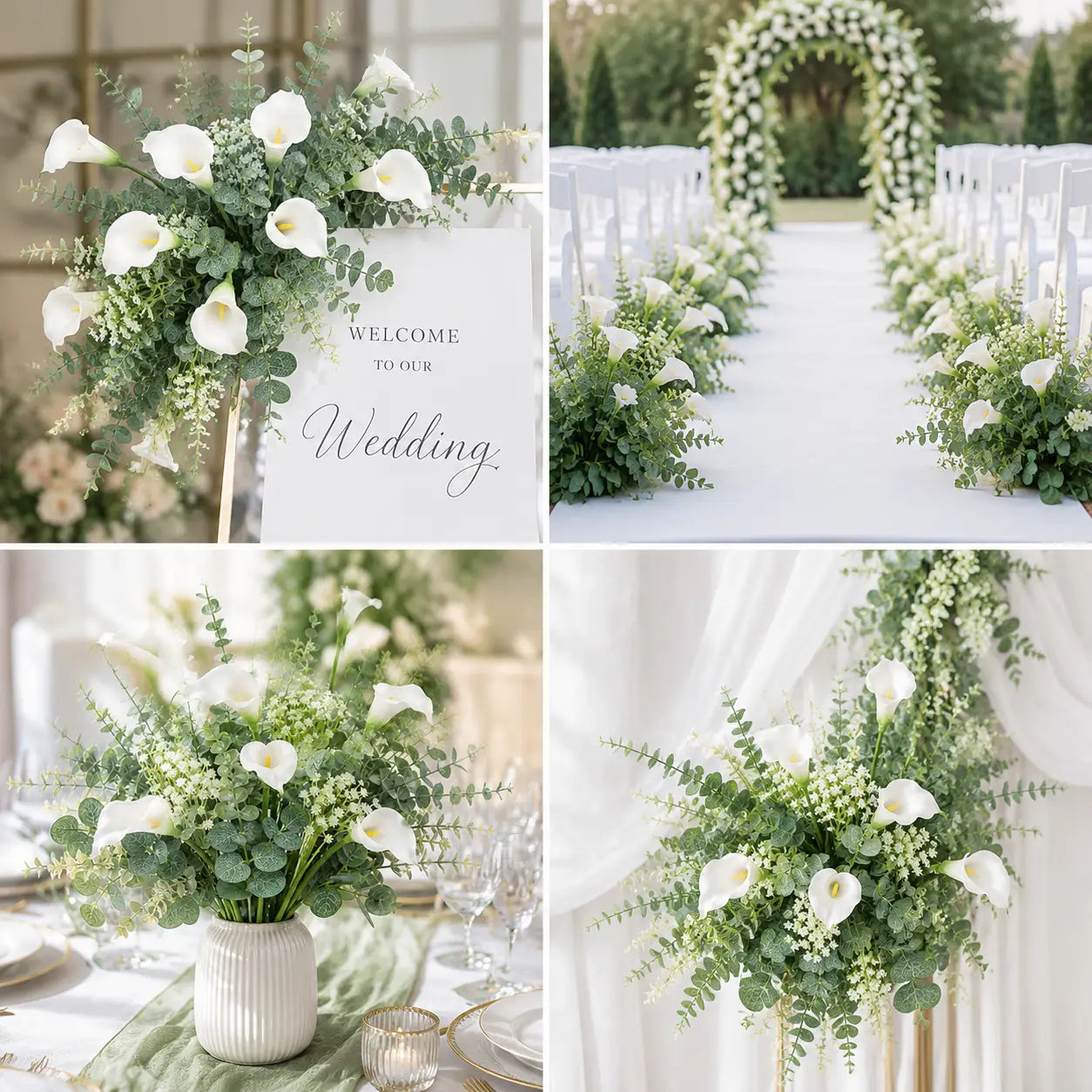 white calla lilies arranged with green eucalyptus and filler blooms in a textured white ceramic vase artificial mixed flowers mixed flowers 48pcs for wedding bouquet display