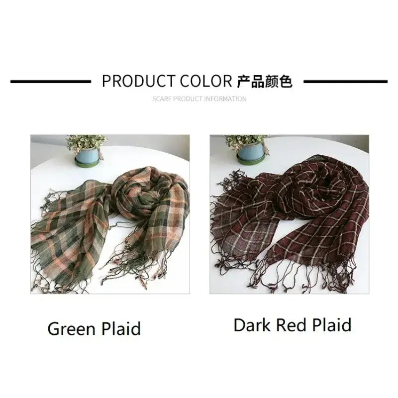 Bufanda para mujer de cuadros, larga, ligera, tejida en punto, tipo chal envolvente, con diseños de cuadros verdes y rojo oscuro, con bordes con flecos.