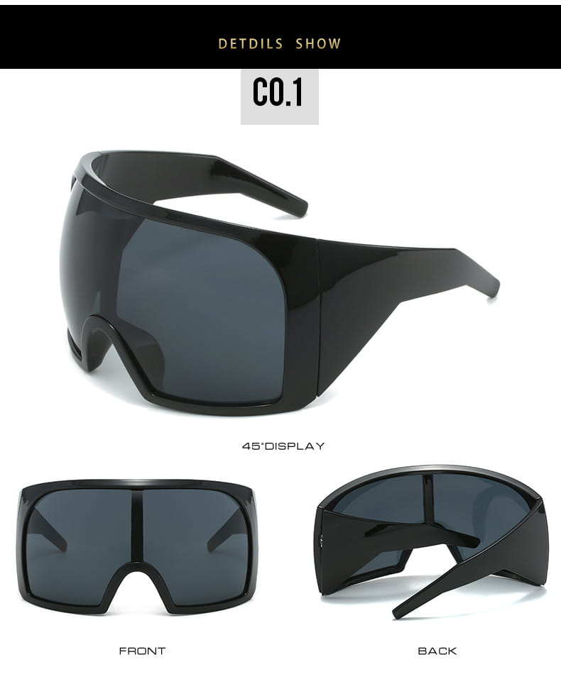 Futuristische Schild-Sonnenbrille für Herren mit schwarzen Kunststoffrahmen, einem kräftigen futuristischen Design und dunkelgrauen UV400-Gläsern.