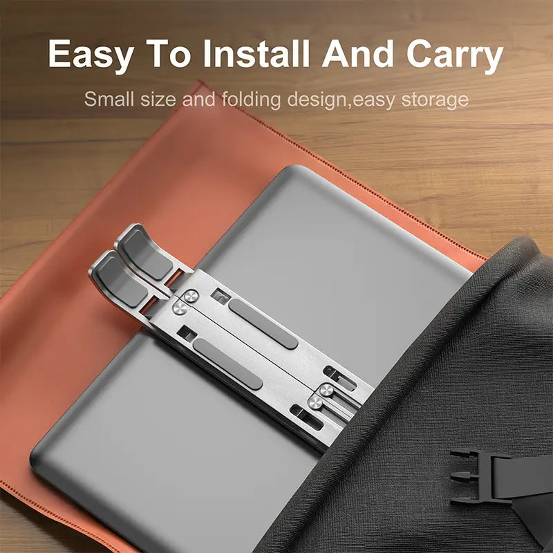 Support d’ordinateur portable réglable en aluminium métallique argenté, à conception pliable élégante, doté de patins de préhension gris caoutchoutés