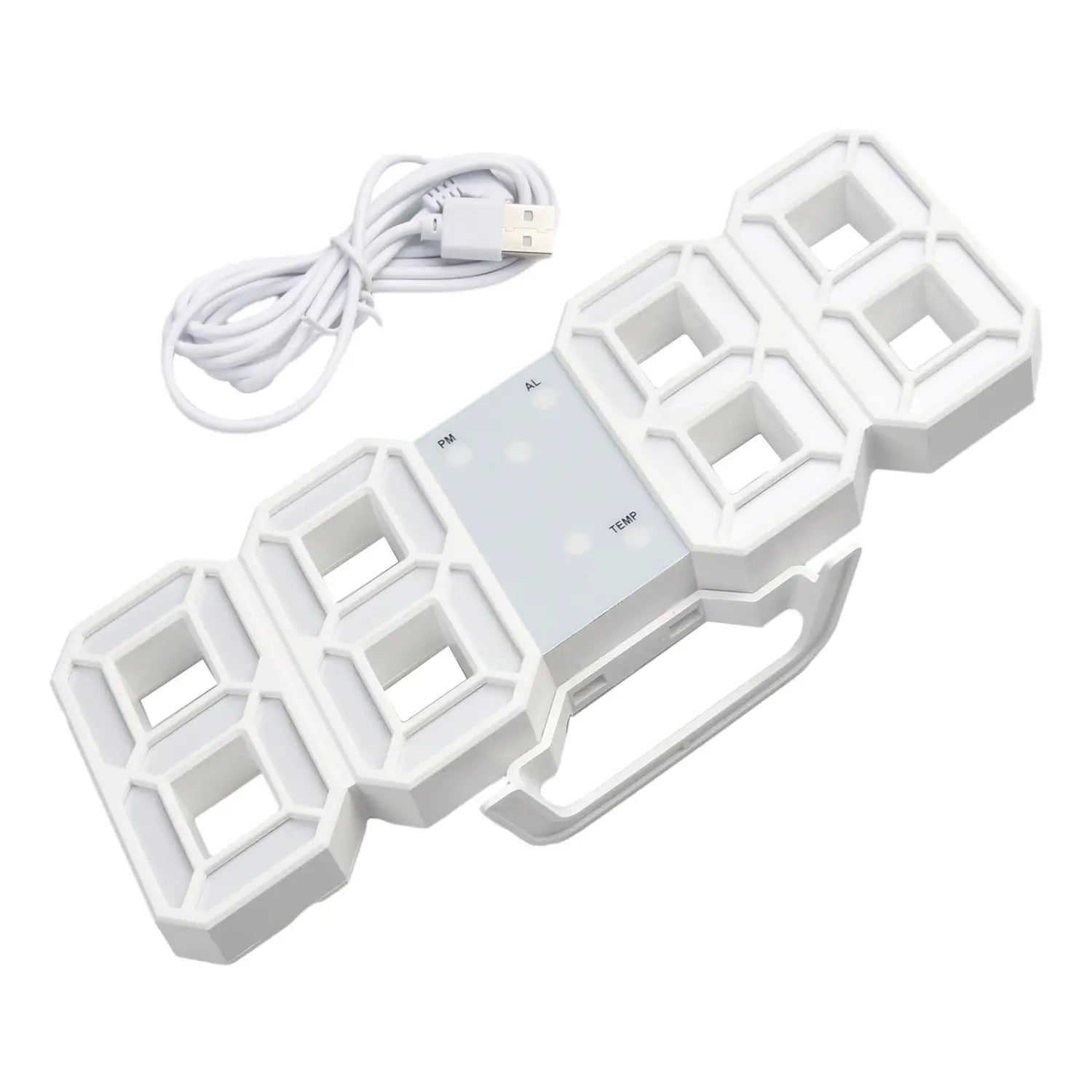 Horloge murale numérique LED 3d moderne en plastique blanc avec chiffres illuminés et affichage 24 heures, dotée d’un câble de charge USB pour une alimentation pratique.