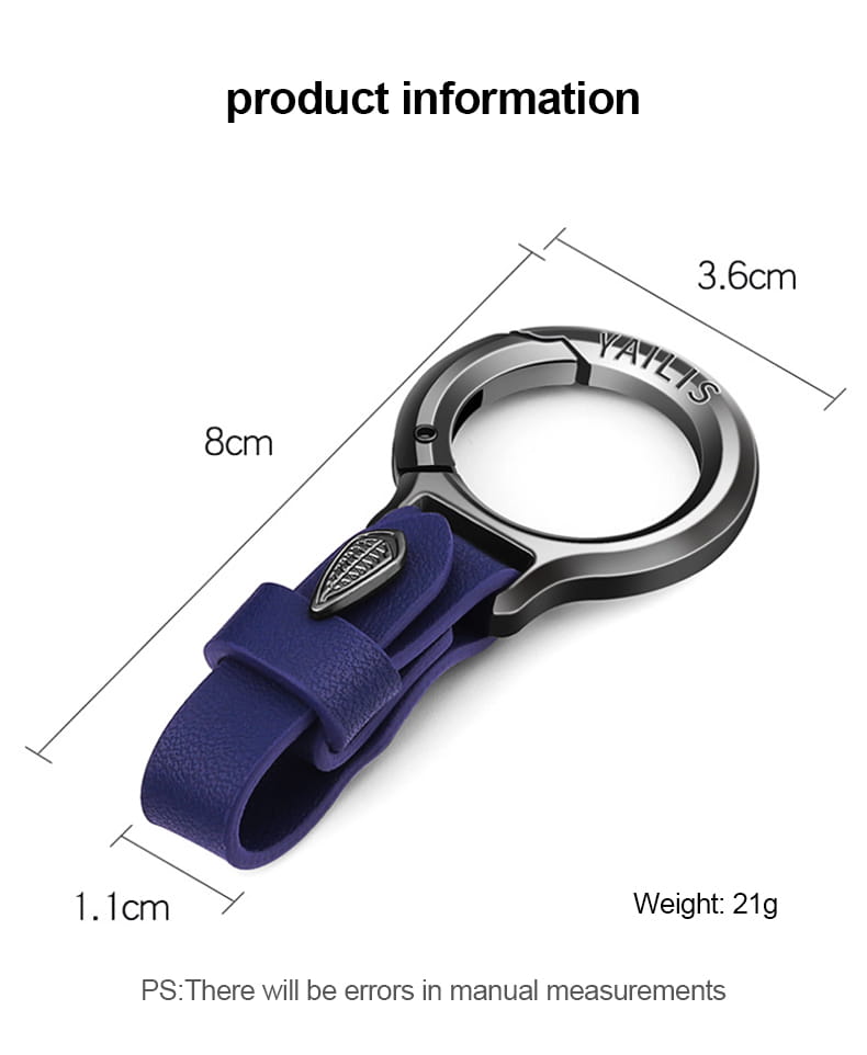Dunkelblauer Lederschlüsselanhänger für den Pkw mit einem eleganten schwarzen Metallring und eingravierter Markenprägung, entworfen als mehrzweckiger Anti-Verlust-Halter.