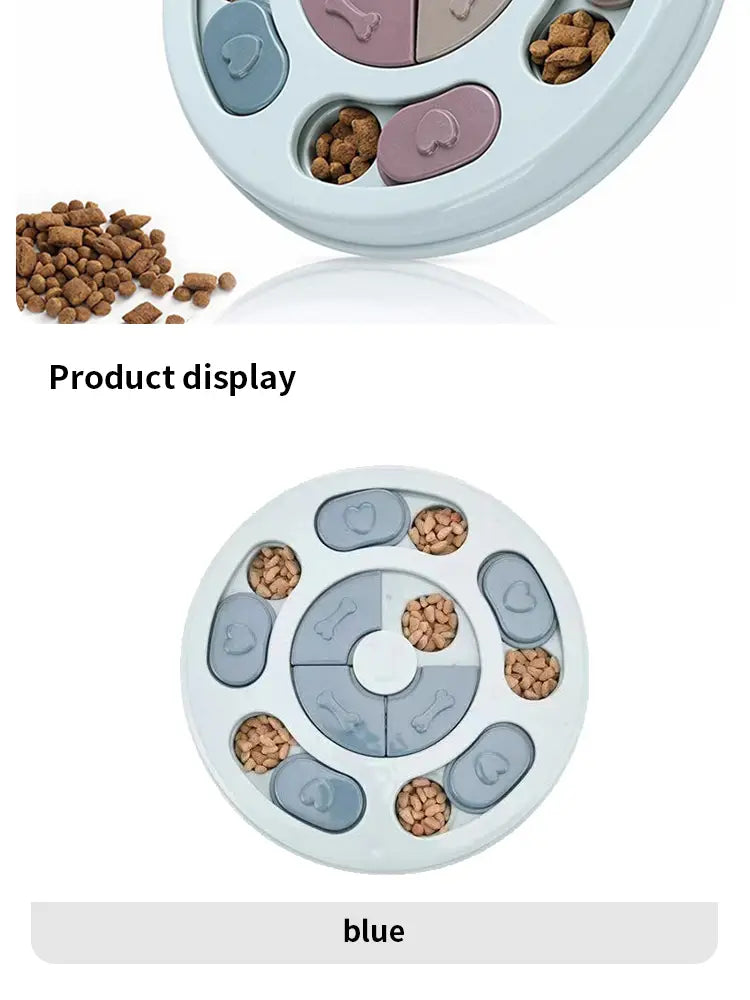 Blue circular pet feeder made of durable plastic with multiple compartments and heart-shaped puzzle pieces designed as an interactive dog puzzle slow feeder toy.