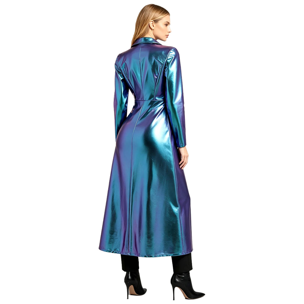 Womens Metallic Trench Coat Turn-down Collar Long–sleeve One Button Gothic Retro Jacket Outerwear Rave Party Clubwear Streetwear
