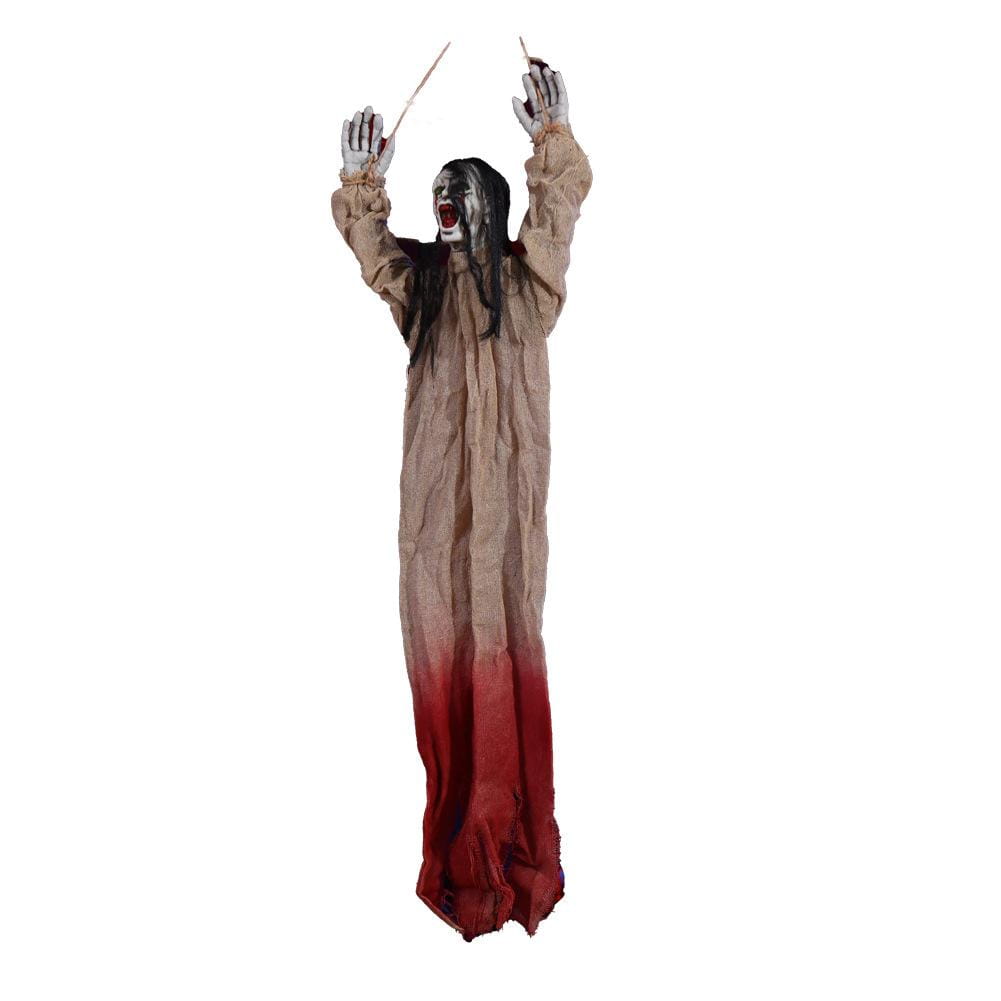 a hauntingly detailed halloween decorations hanging creepy scarecrow prop featuring a figure in a tattered beige to red gradient robe with long black hair and pale makeup