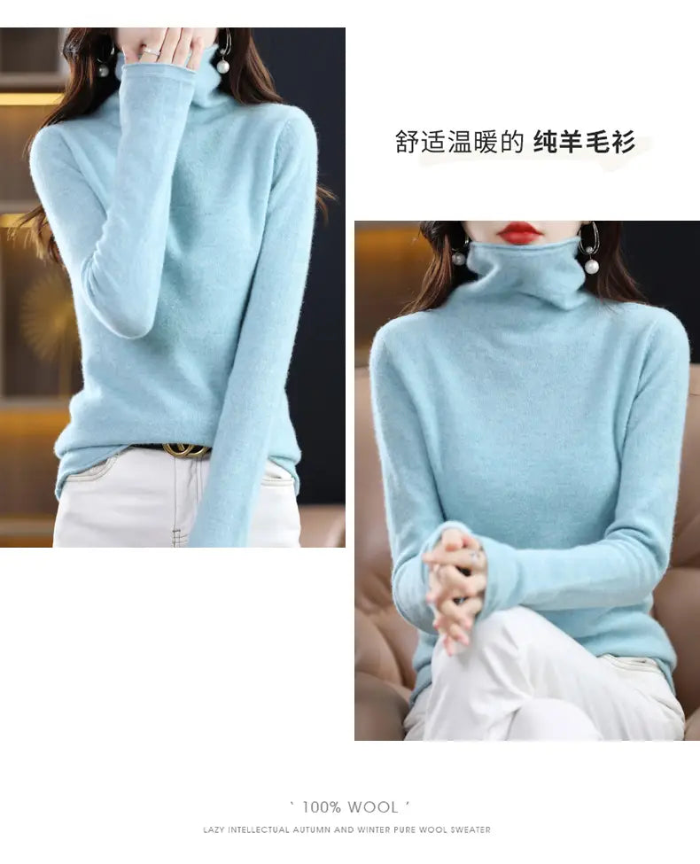 A soft light blue merino wool turtleneck sweater for women made of 100 percent pure wool.