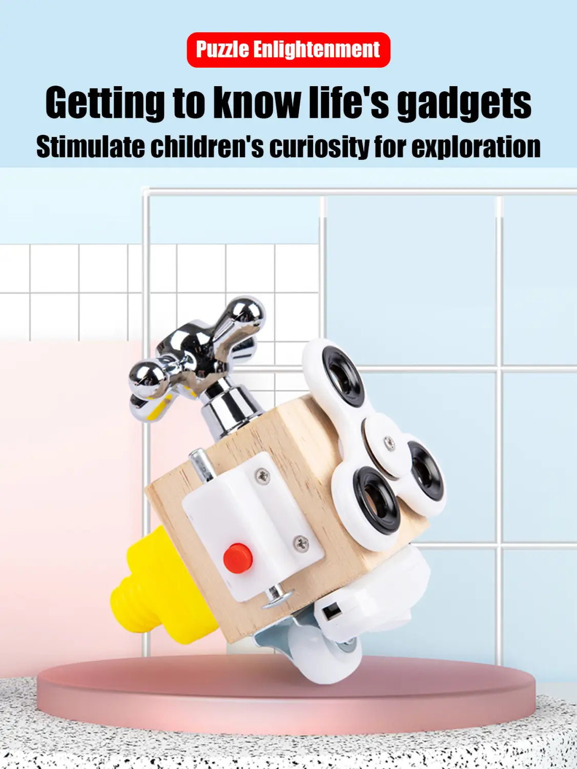 Wooden busy board Montessori sensory fidget toy featuring a wooden cube with a chrome faucet handle, white and black circular components, yellow rubber piece, and a red button.