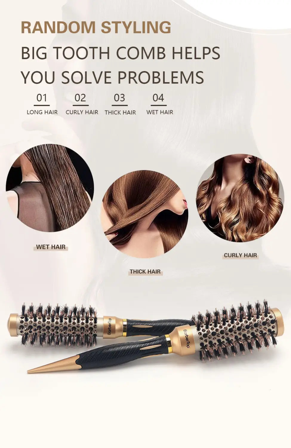 Aluminum round hair styling brush in black and gold with a rounded bristle head designed for styling various hair types.