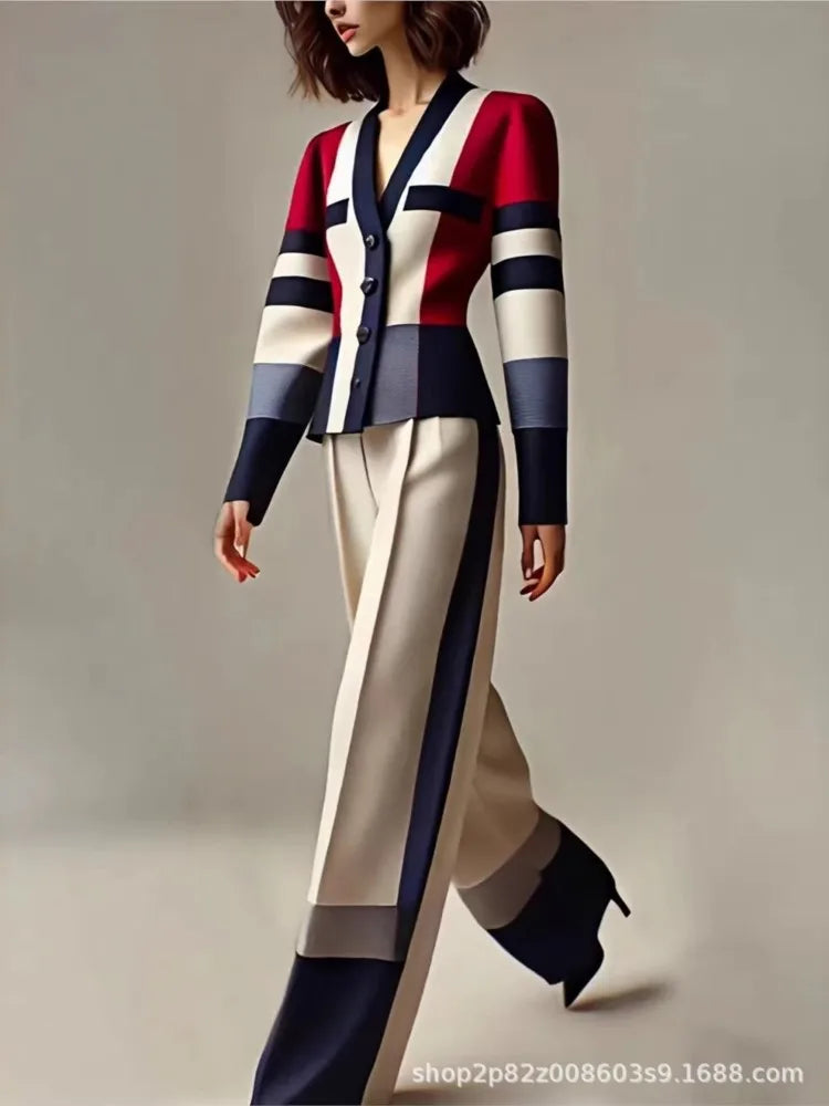 Women's Elegant Color Block V-Neck Blazer High Waist Wide Leg Pants 2 Piece Autumn Outfit Luxury Striped Formal Suit Office Suit
