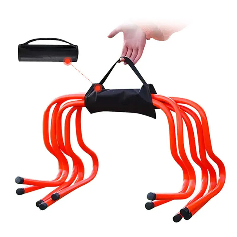Set of six bright orange plastic soccer agility hurdles with black rubber feet and a carrying strap for easy storage and transport.