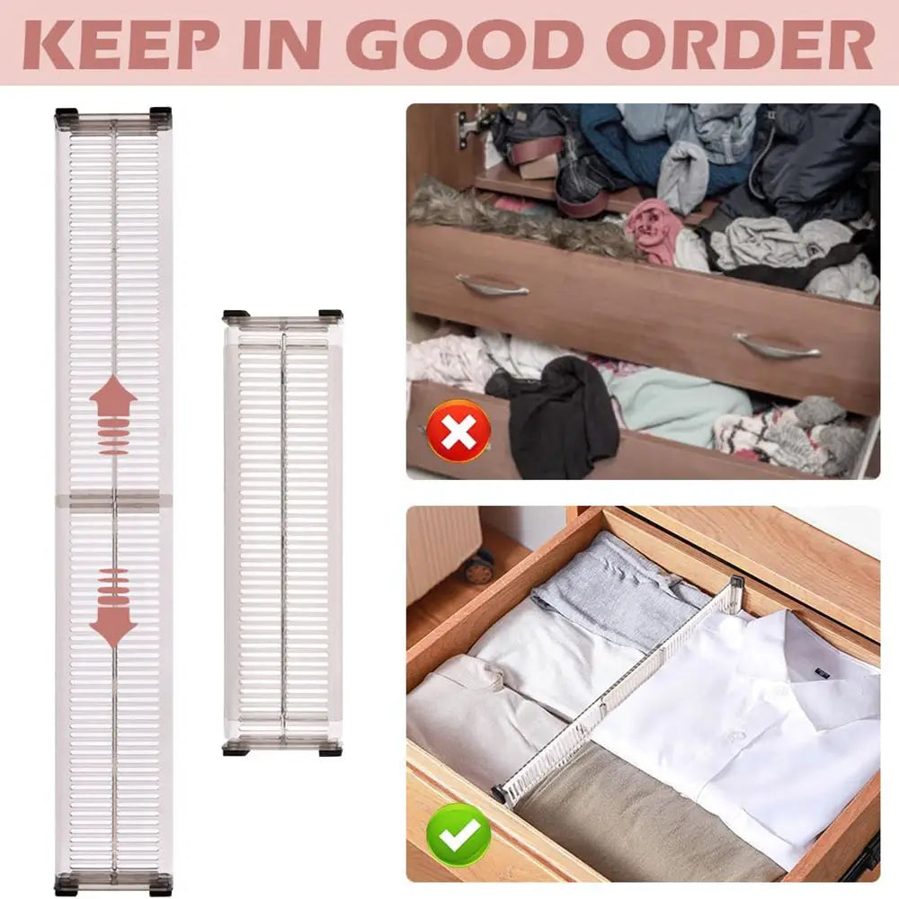 Expandable clear plastic and metal drawer dividers with a slatted design for adjustable organizers to keep clothes neatly separated.