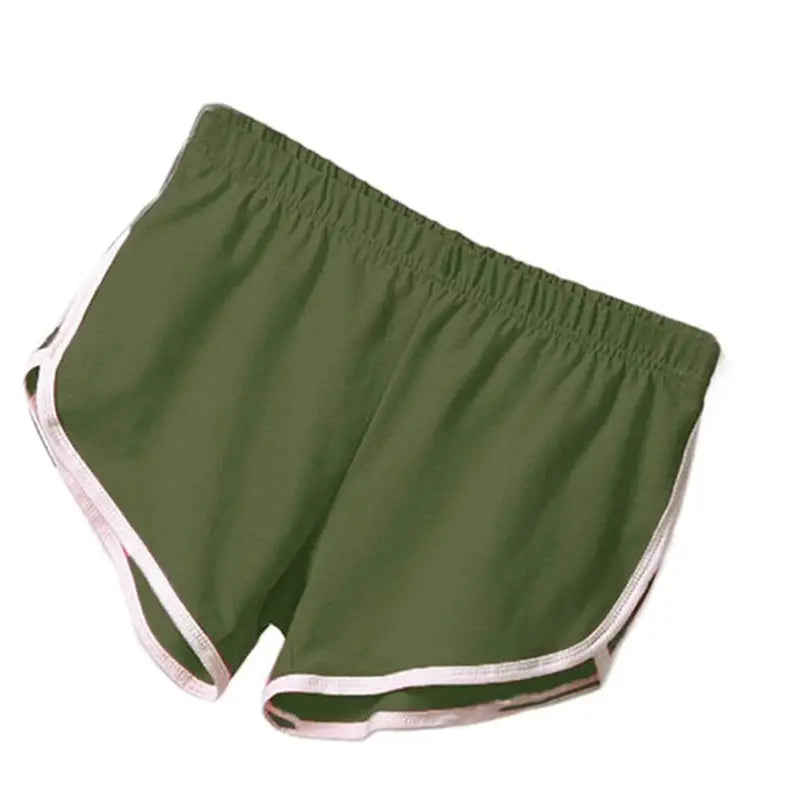 olive green sports shorts women with elastic waist and white trim along the sides and hem for casual athletic use