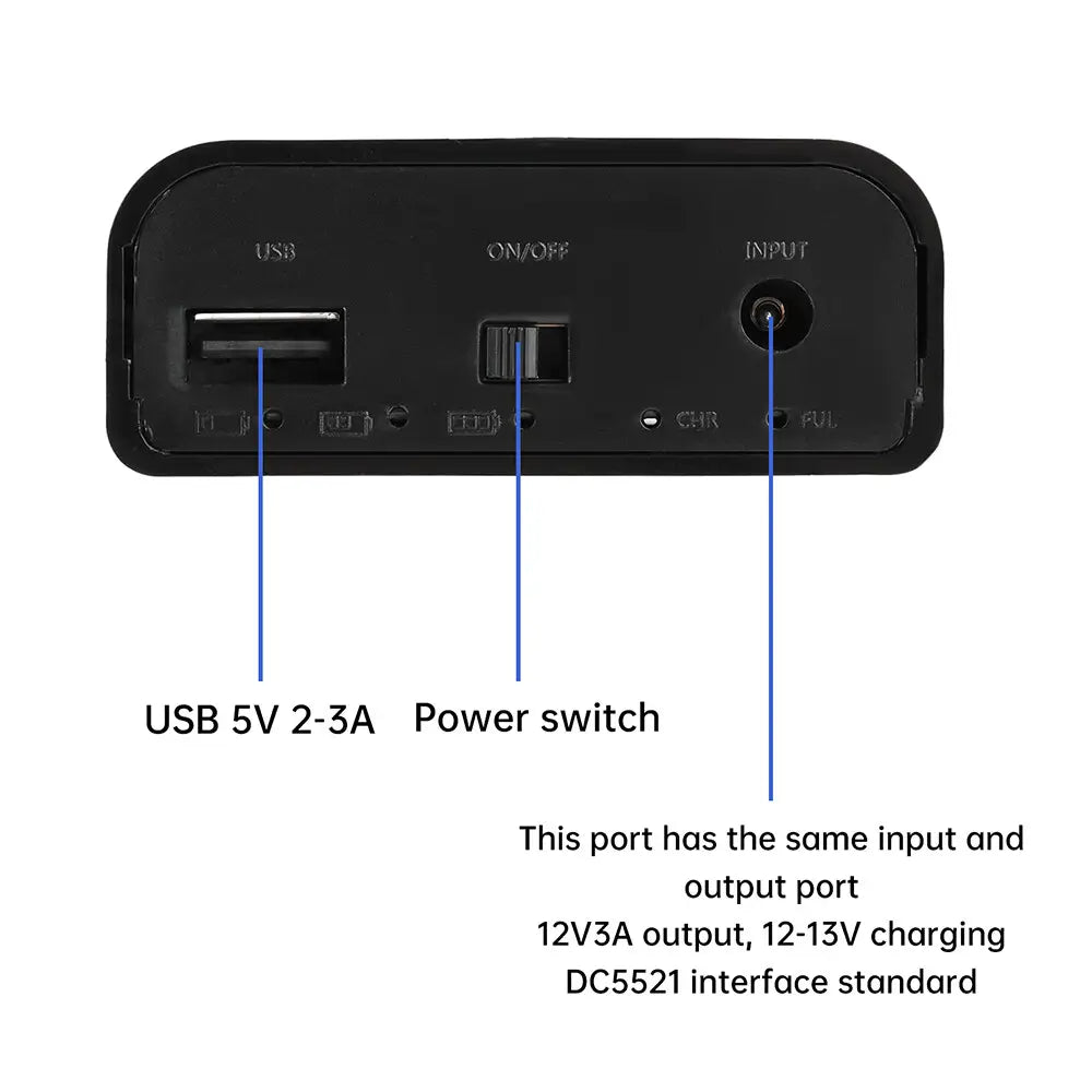18650用DIYパワーバンクボックスのための黒色長方形パワーアダプター。USB 5V 2〜3Aポート、オン/オフ制御用トグルスイッチ、入力ジャックは12V 3A出力をサポートし、内部充電電流に対応。
