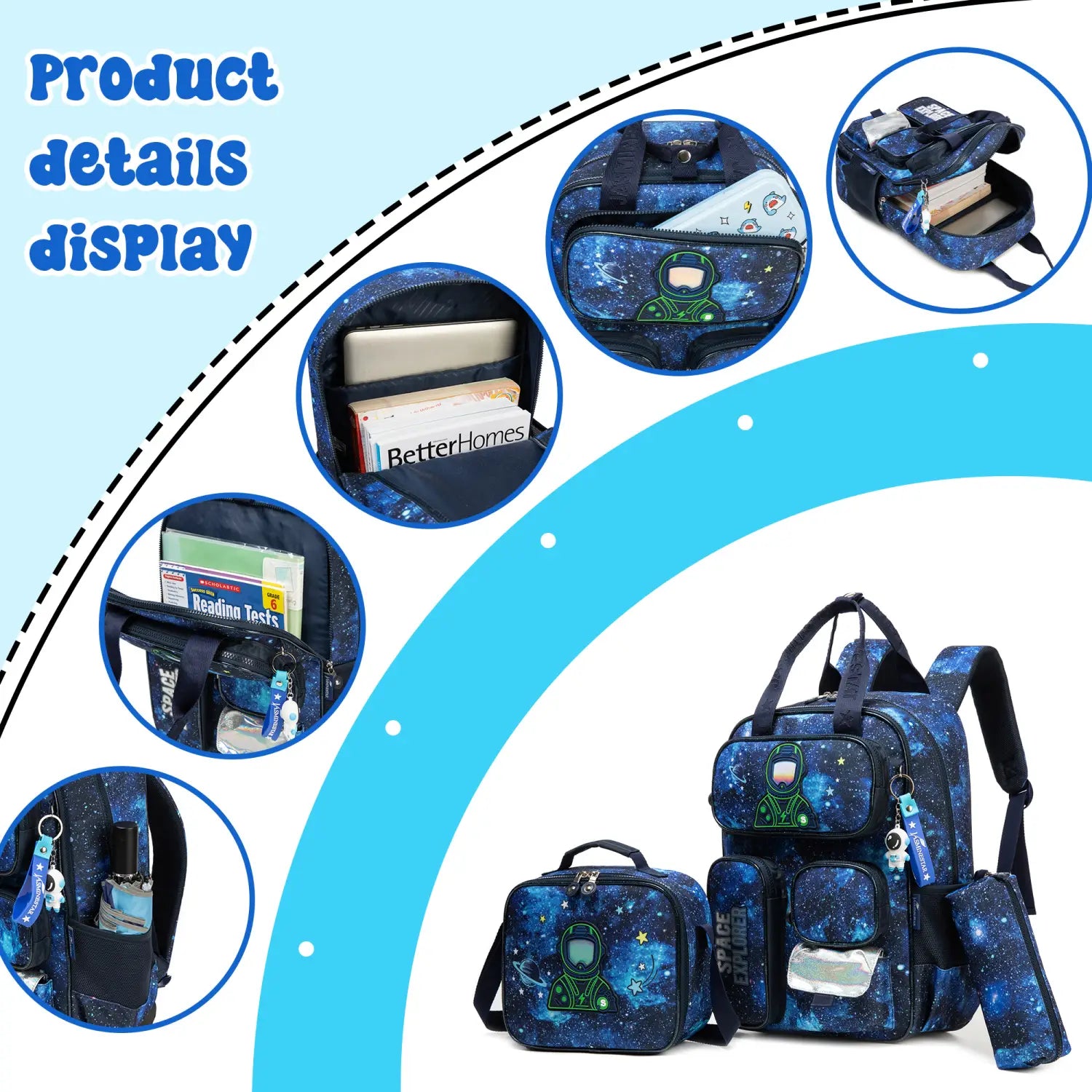 Ensemble de sac à dos pour garçons de football dans un thème de galaxie bleue avec design d’astronaute, comprenant plusieurs compartiments et un sac à goûter assorti pour l’école