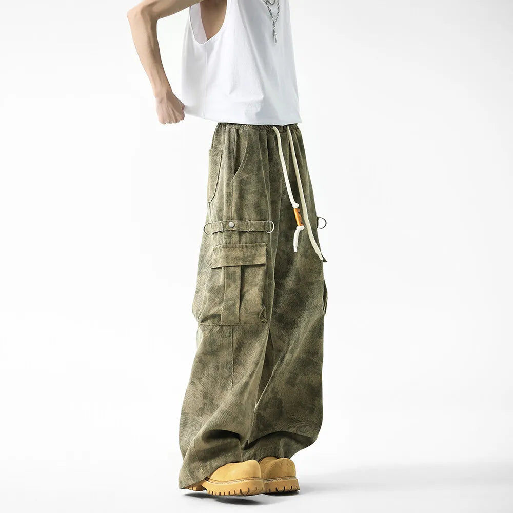 Men Military Camo Workwear Cargo Pants Elastic Waistband Drawstring Tactical Joggers Loose Straight Leg Big Side Pockets Outdoor