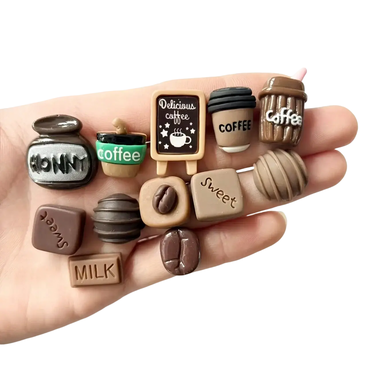 12pcs mini coffee-themed resin fridge magnets in brown beige and black for home decor and message boards