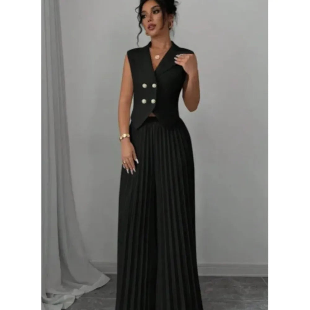 Elegant Formal Women Vest Trousers 2 Pieces Spring New Fashion Retro Wide-leg Pleated Pants Slimming Sleeveless Vest Female Set