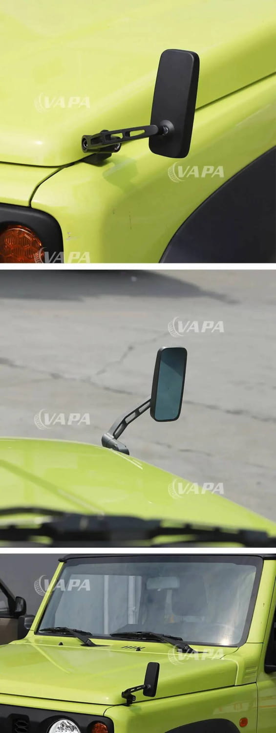 Espejo retrovisor lateral rectangular negro con un diseño moderno y elegante, montado en un vehículo Suzuki Jimny verde lima compatible con modelos 2019 y posteriores