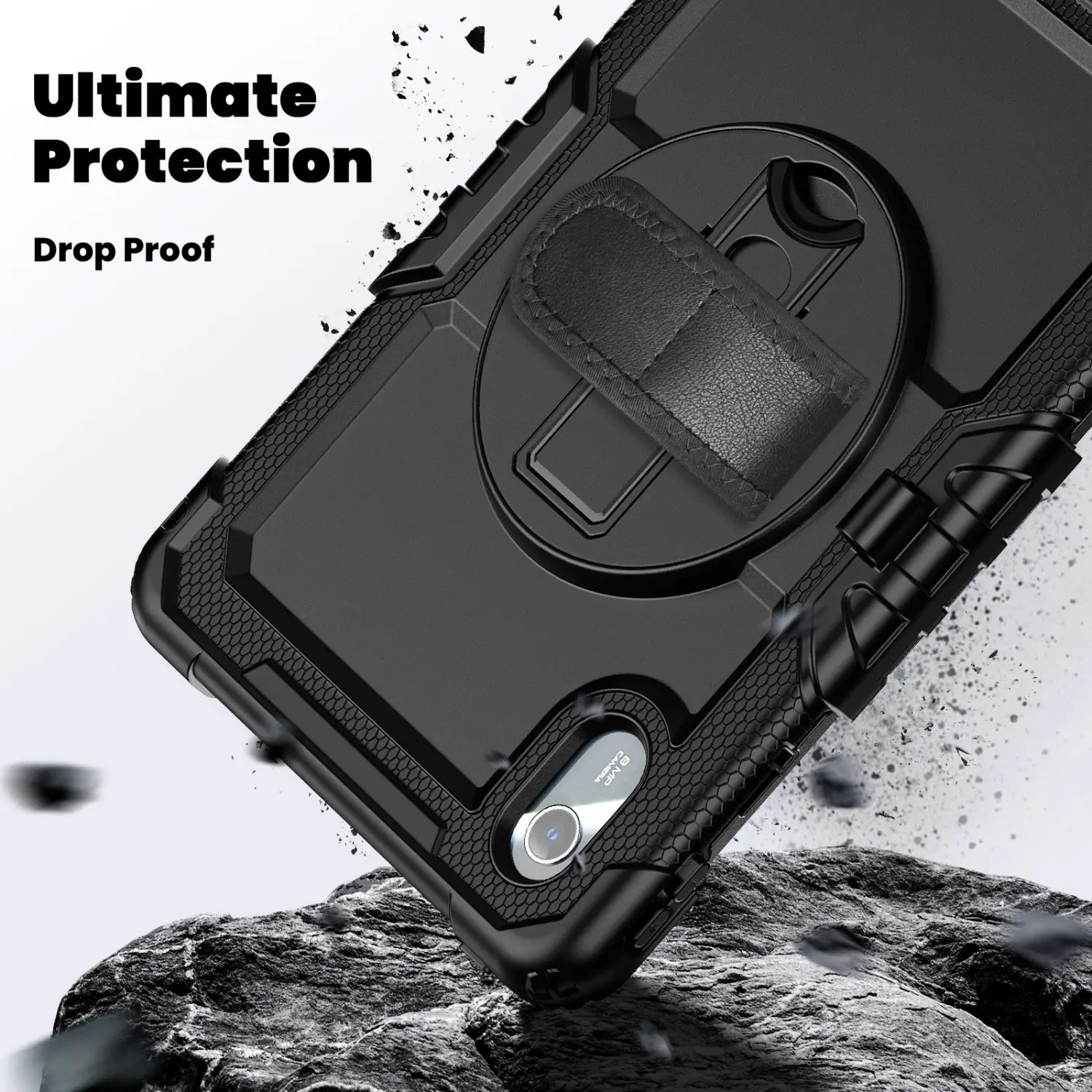 black rugged tb336fu xiaoxin pad 11 armor case with textured armor-like design and built-in leather strap grip shown from the back side