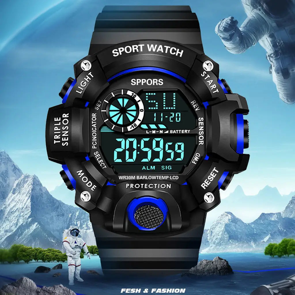 Wasserdichte digitale Sportuhr für Herren mit großem Zifferblatt, robustem schwarzem Design, blauen LED-Akzenten, multifunktionalen Tasten für Lichtmodus, Start/Stopp und Sensorfunktionen sowie einer LCD-Anzeige, die Uhrzeit, Datum und den Luftdruck anzeigt.
