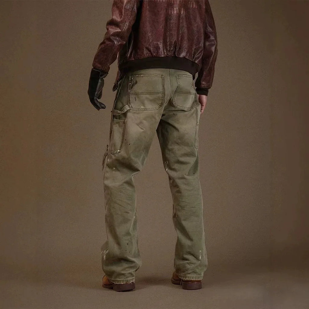 2026 New Men's Denim Trousers Trendy High Street Heavy Holes Old Loose Retro Straight Pants