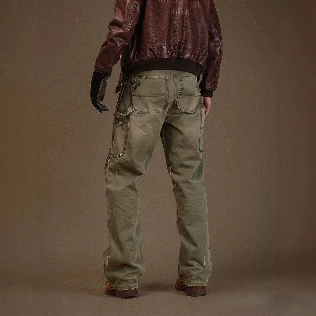 2026 New Men's Denim Trousers Trendy High Street Heavy Holes Old Loose Retro Straight Pants
