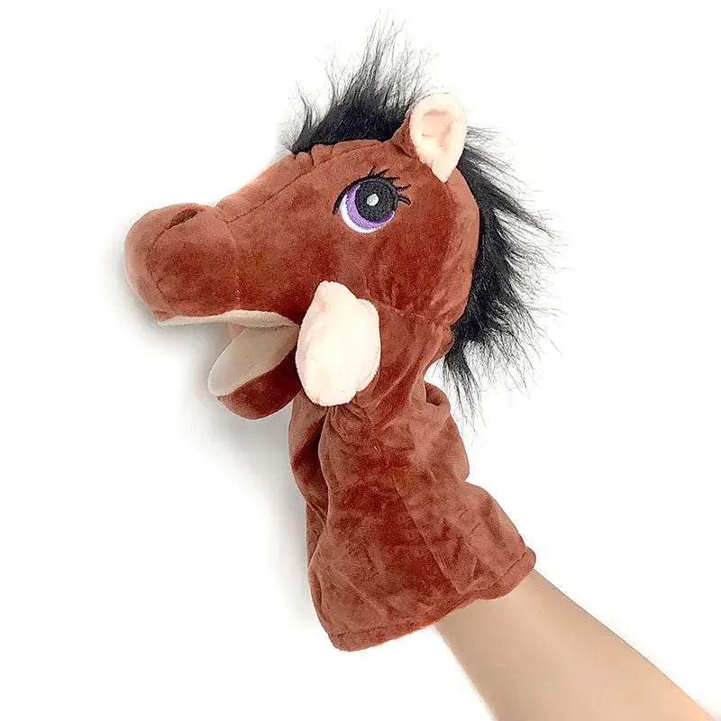 brown plush horse hand puppet with black mane purple eye and white muzzle featured among educational baby toys lion elephant bunny hand finger puppets for early learning.