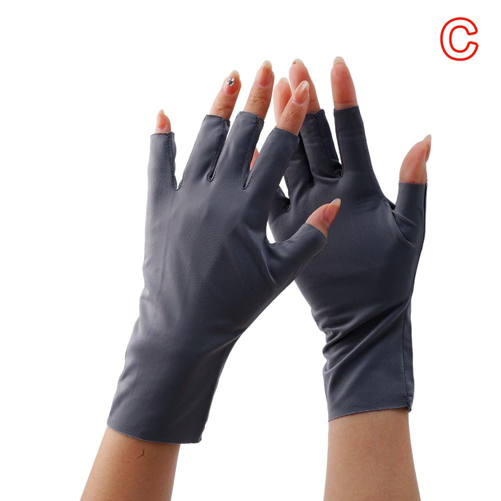 dark gray fingerless sunscreen driving gloves made of smooth stretchy fabric showing the back side of the gloves.