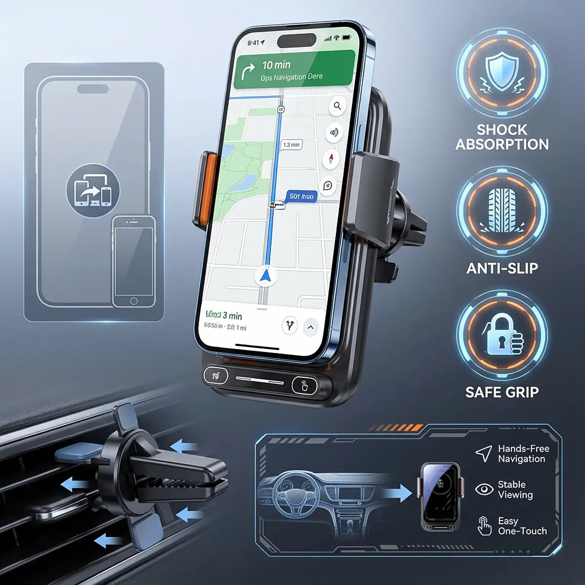 Black car phone mount with orange accents and sleek modern design for secure grip and shock absorption in wireless car phone charger 15w mount.