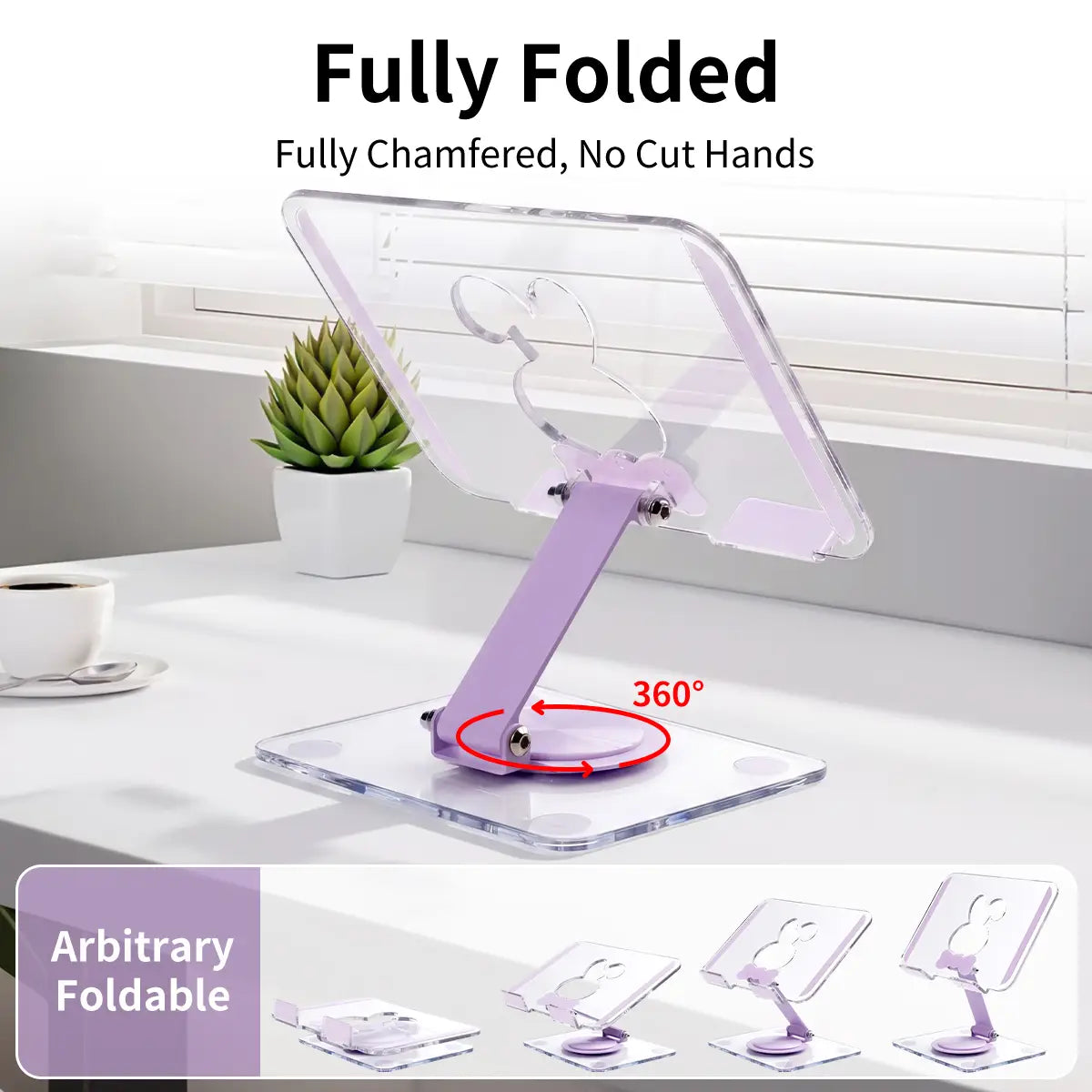 Transparent acrylic tablet stand with lavender hinge and base featuring a cutout design for easy viewing and 360 rotating heat dissipation.