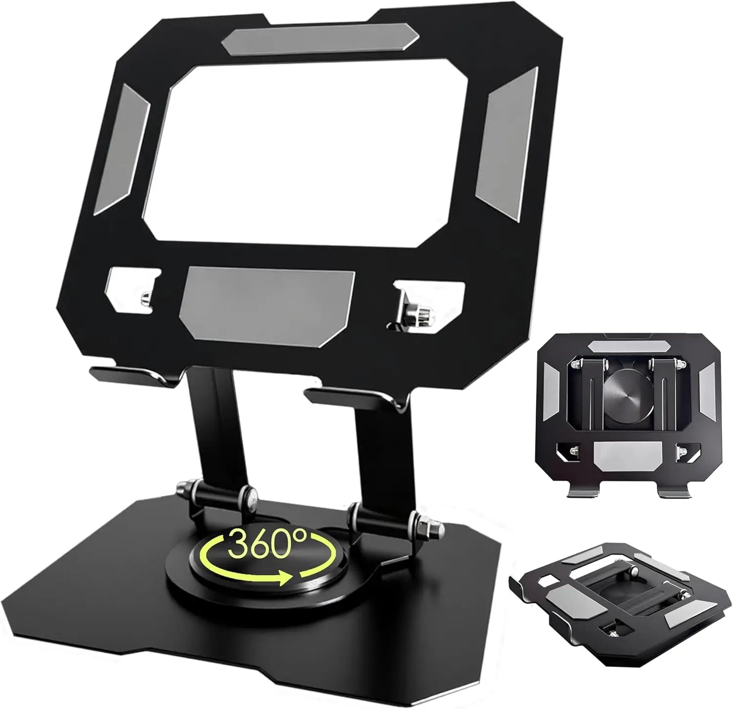 Soporte metálico negro ajustable para tableta con base giratoria de 360 grados y diseño minimalista angular, adecuado para iPad Pro.