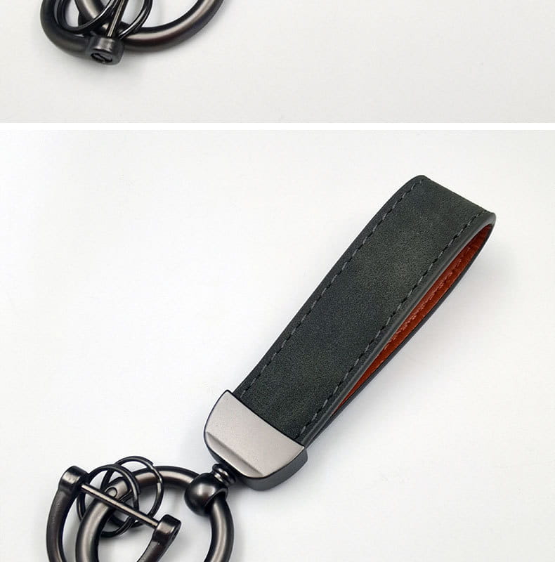 Genuine leather keychain 5-pack featuring black leather with a matte finish and contrasting orange lining with a sleek metal ring assembly for car keys.